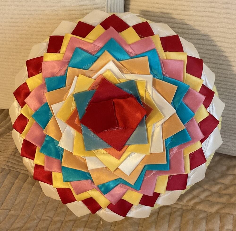 Vintage Round Crochet Granny Throw Pillow Yellow Multicolor Handmade 1960’s
